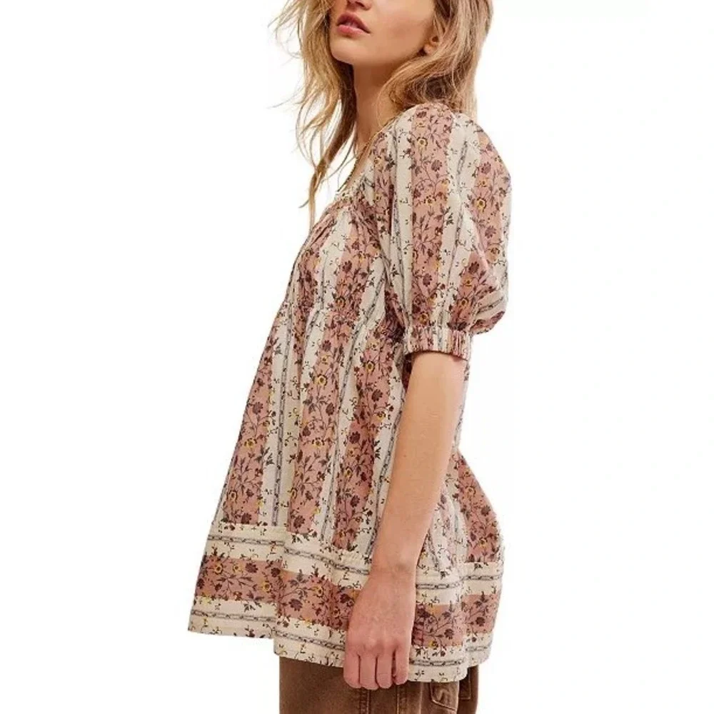 Free People Vintage Lover Floral Striped Puff Cotton Blouse L Cottagecore Boho